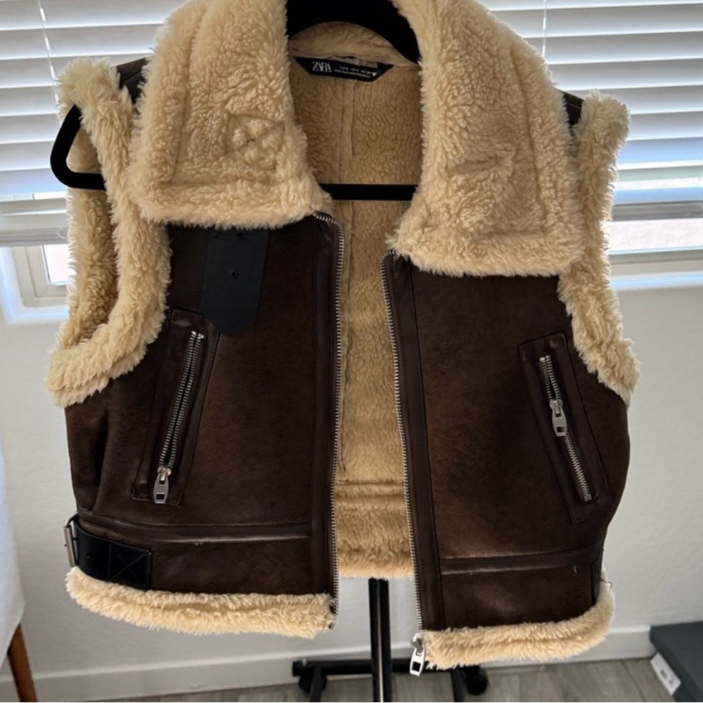 Zara Suede and Shearling Vest in Brown and Cream